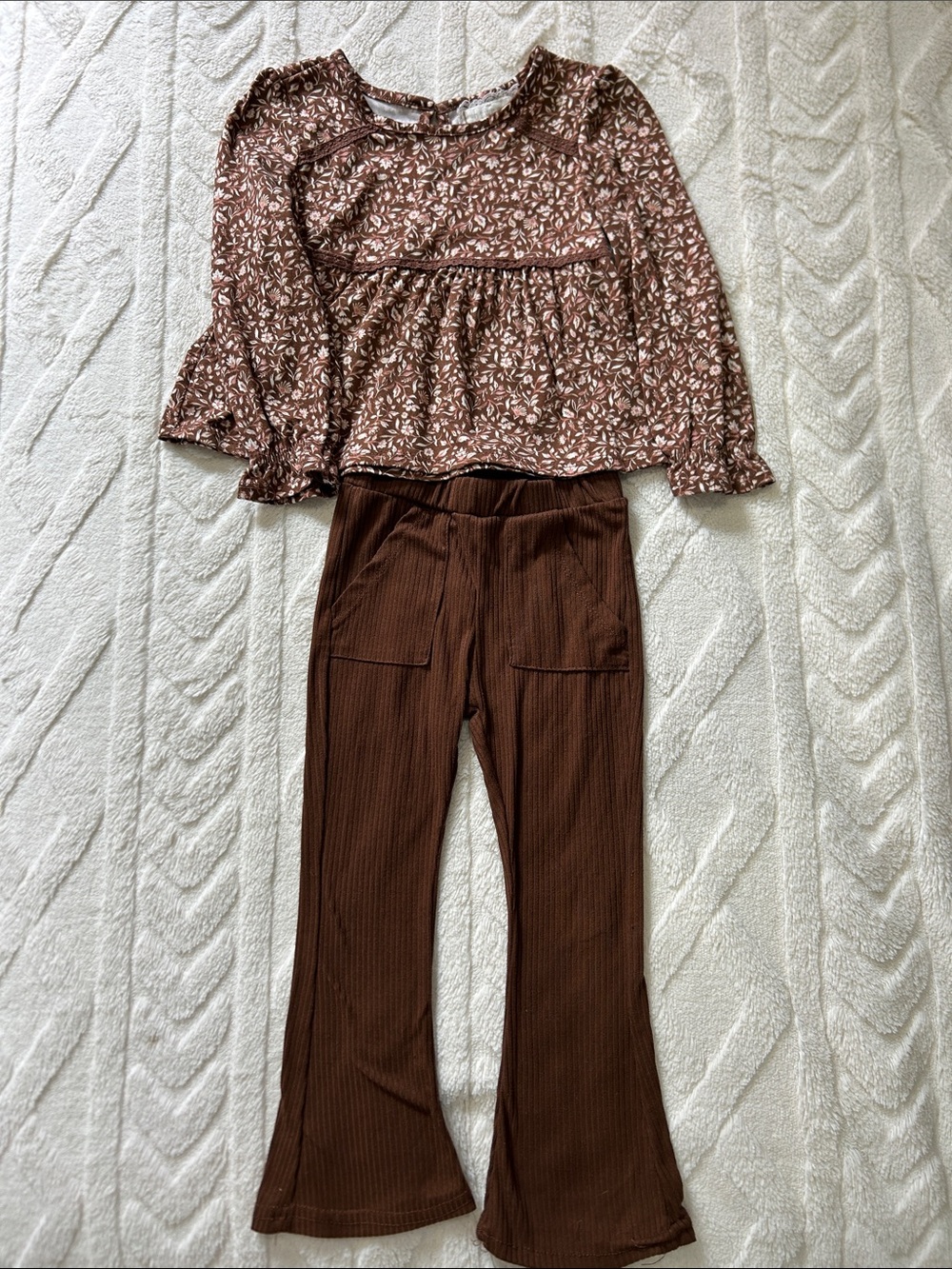 Brown Floral Peplum Top & Ribbed Brown Flare Pants Set